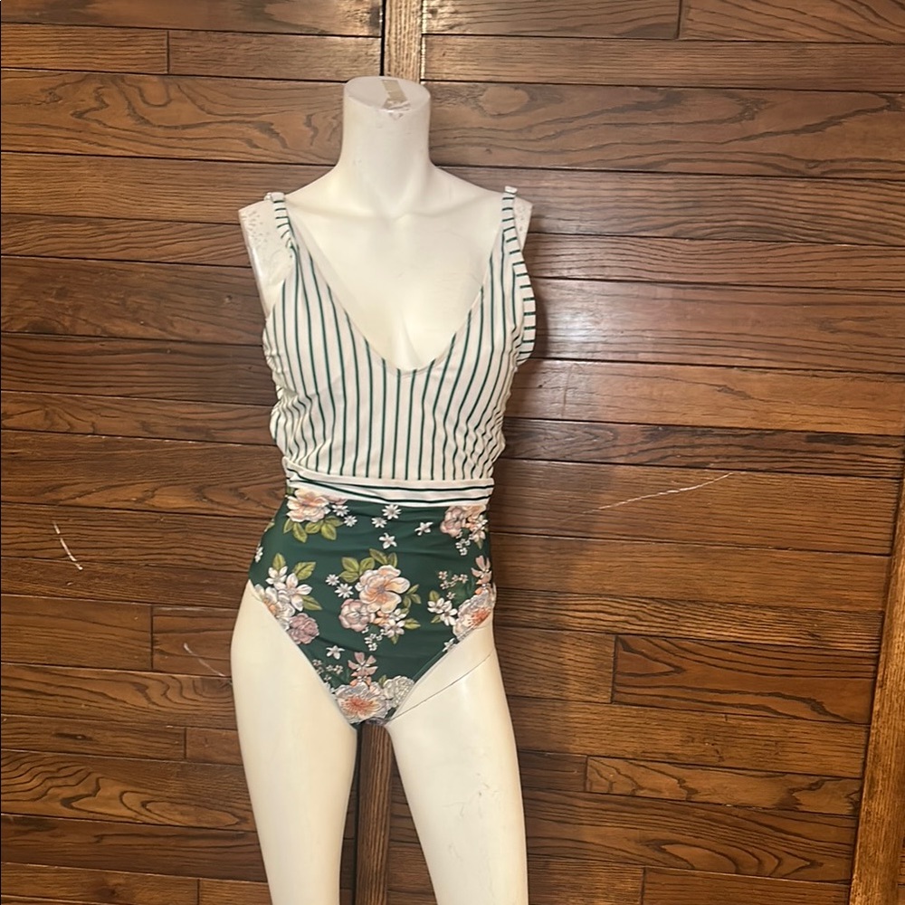 Zaful Green and White Striped Floral One Piece Swimsuit
